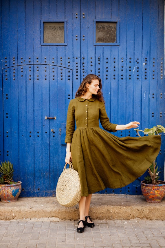 GREEN LINEN DRESS Linen Midi Dress, Long Sleeve Dress, Cottagecore