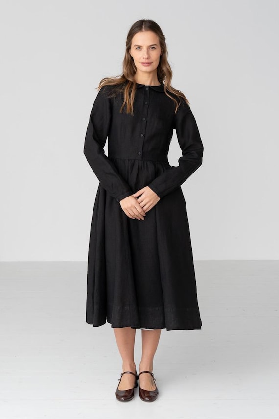Classic  Long Sleeve Peter Pan Collar Linen Dress, Black Pansy / XS