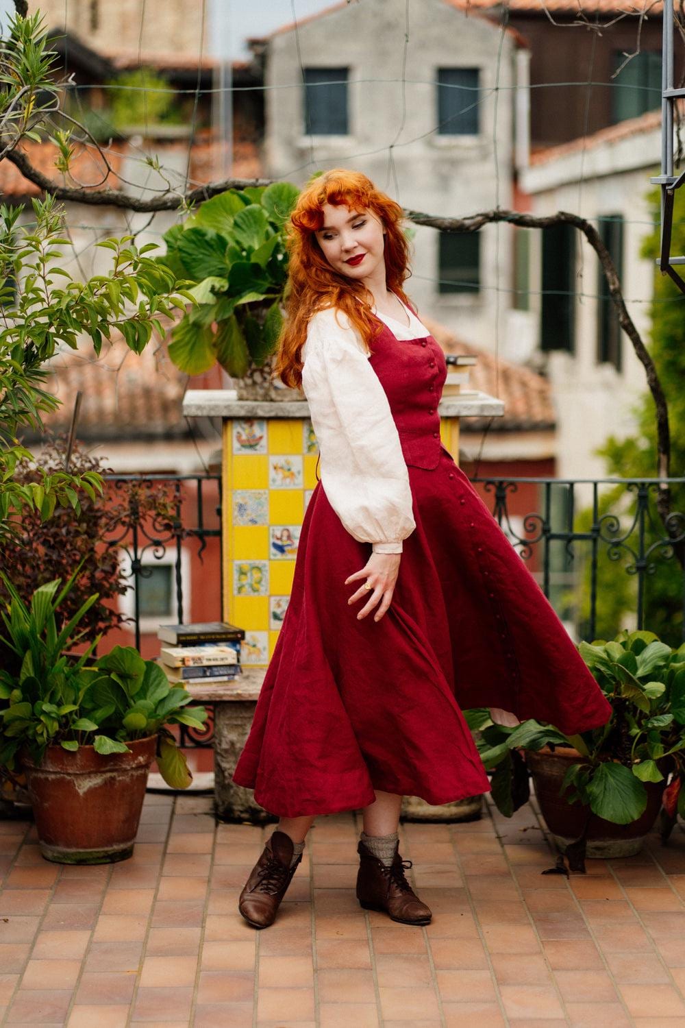 RED PLEATED SKIRT | Midi Skirt, Swing Skirt, Photoshoot Outfit, Cocktail Skirt, Formal Linen Skirt, Date Night Marsala Red Evelyn Skirt