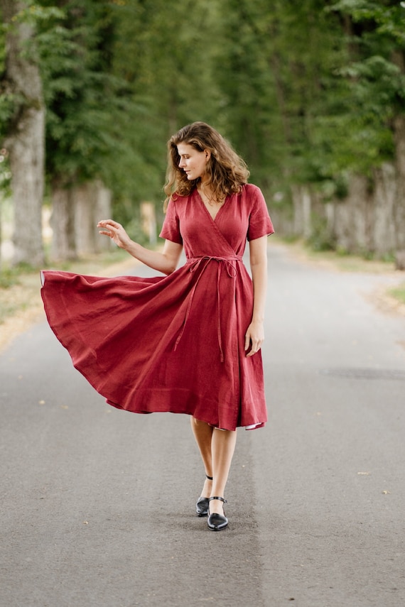 LINEN WRAP DRESS Red Linen Dress, Minimalist Dress, Long Linen Dress, Boho  Circle Dress, Linen Dress for Women, Mother of the Bride Dress 