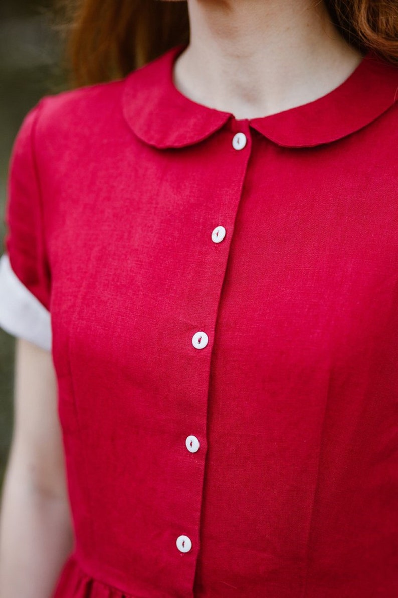 DRESS WITH POCKETS Linen Maxi Dress, Christmas Dress, Short Sleeves, Mid Century Modern, 50 Style, Classic Red, Sondeflor image 5