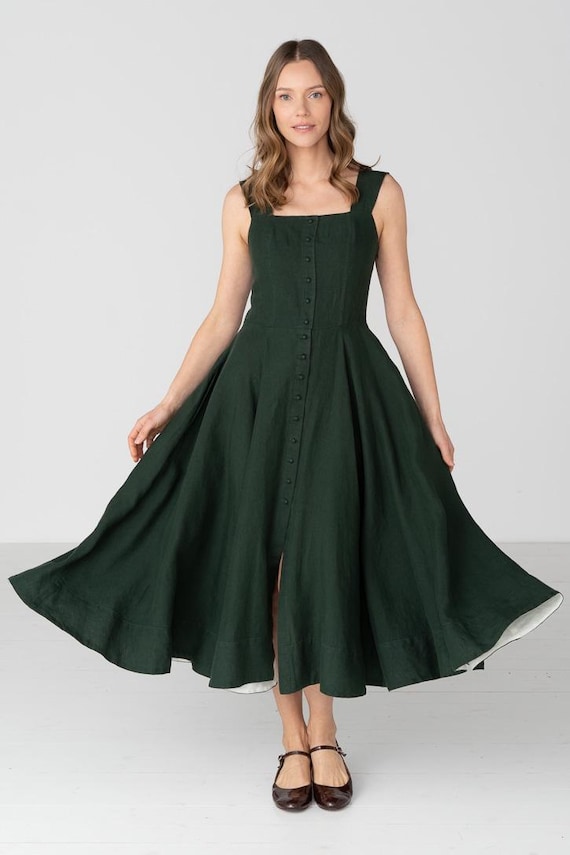 dark green square neck dress The Green Square Neck Jacquard Slit Midi Dress
