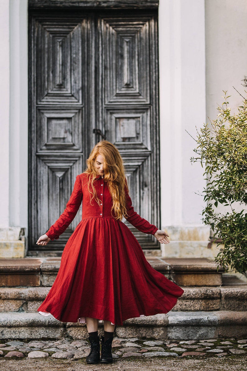 RED LINEN DRESS Mid Century Modern Dress, Cottagecore Dress, Linen Clothing, Victorian Dress, Long Sleeve Dress, Sondeflor Dress image 1