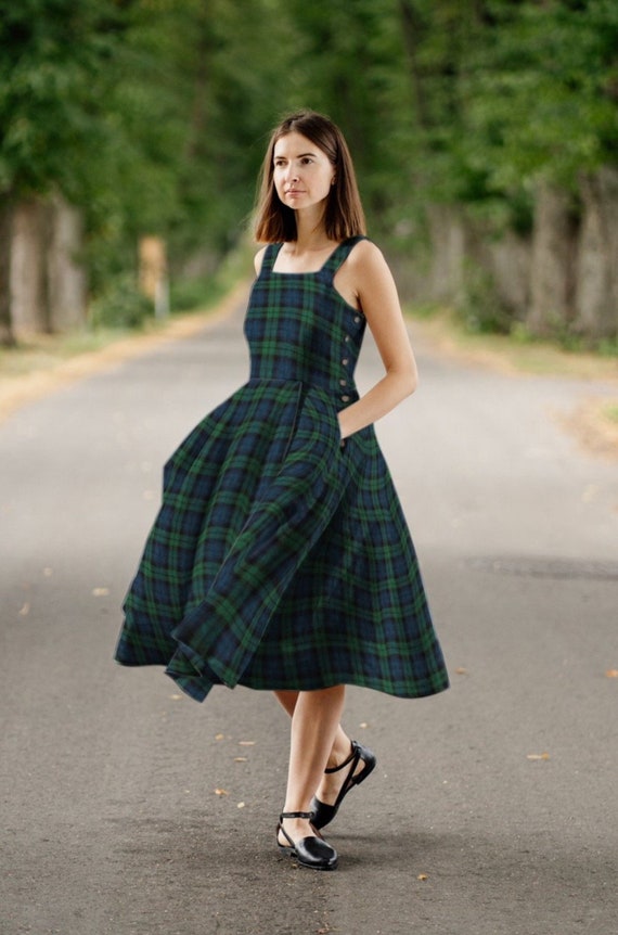 LINEN PLAID DRESS Vintage Inspired Style Green Black Plaid Etsy
