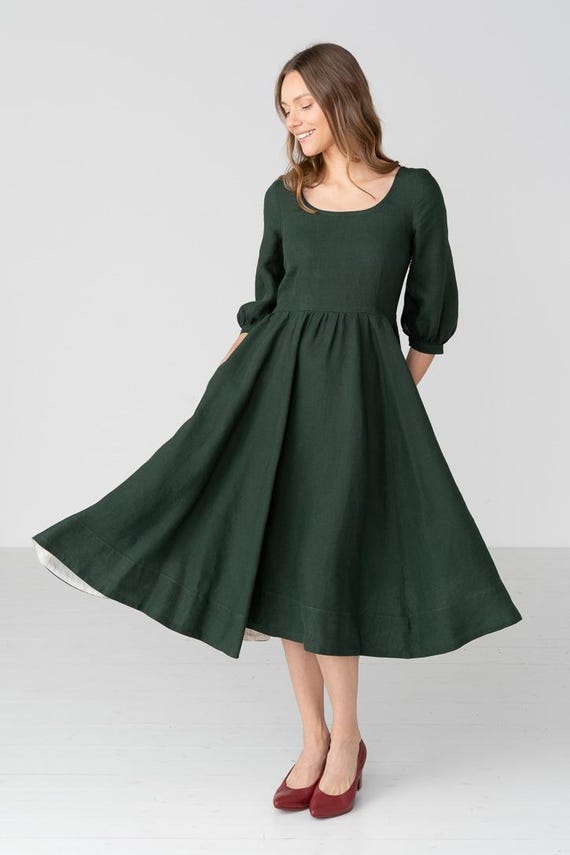 Carmen  Puff Sleeve Linen Midi Dress, Evergreen / XS