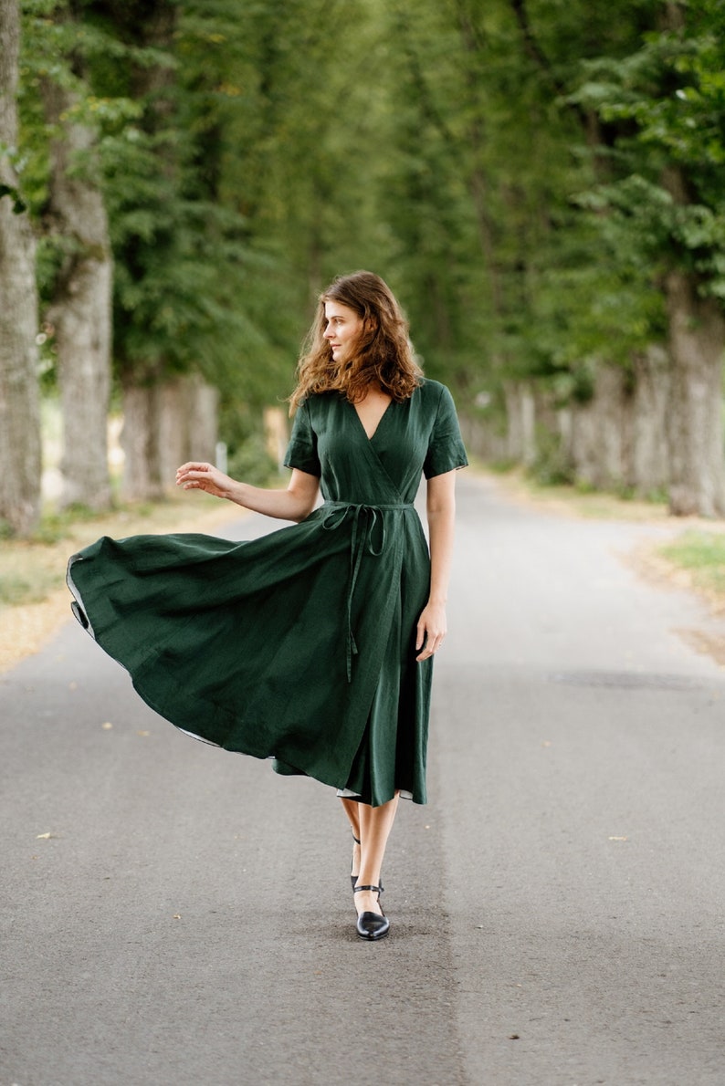 LINEN WRAP DRESS | Evergreen Linen Short Sleeve Dress, Cottagecore Summer Wrap Dress, Soft on Skin Summer Clothes, Son de Flor Wrap Dress 