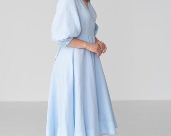 Gaia - Linen Wrap Dress, Skye Blue - Etsy