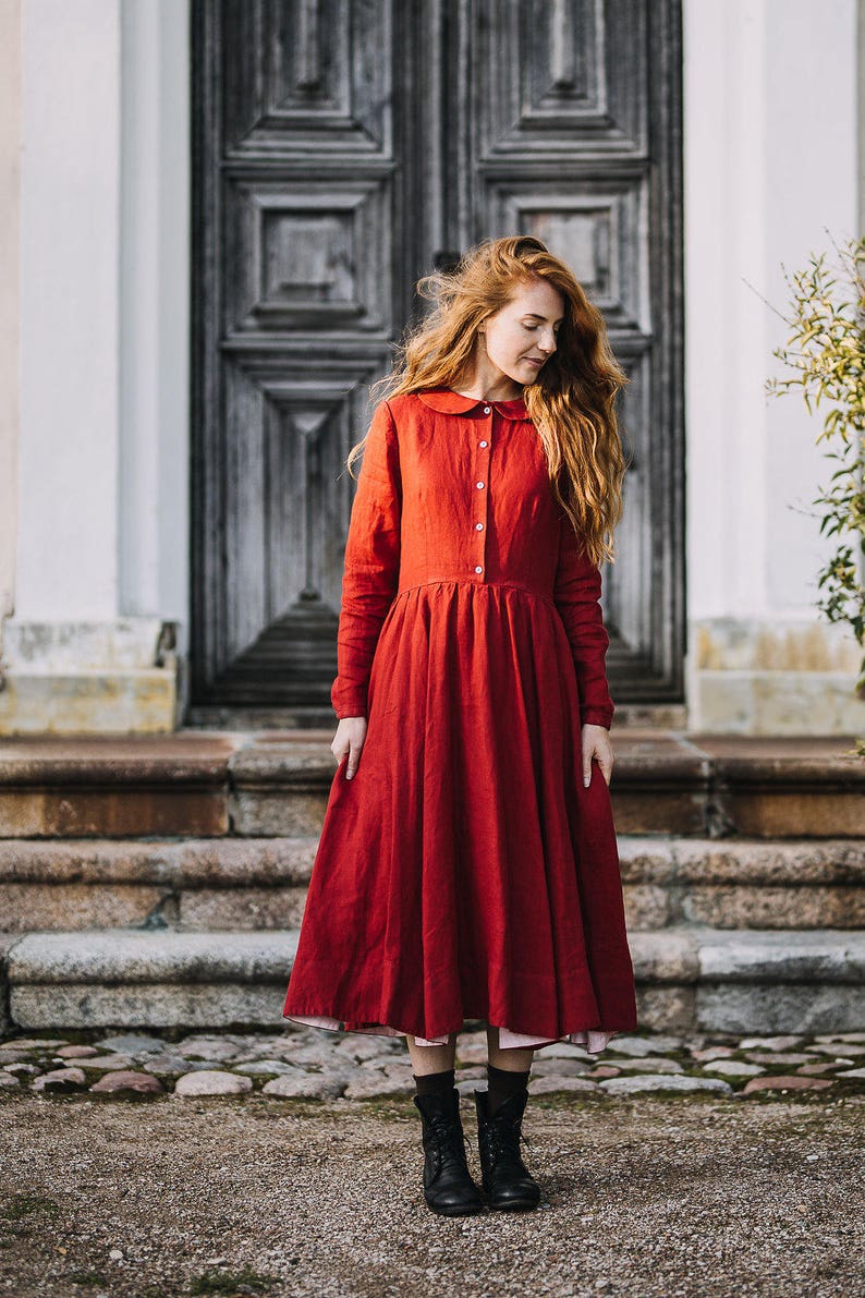 RED LINEN DRESS Mid Century Modern Dress, Cottagecore Dress, Linen Clothing, Victorian Dress, Long Sleeve Dress, Sondeflor Dress Red Poppy