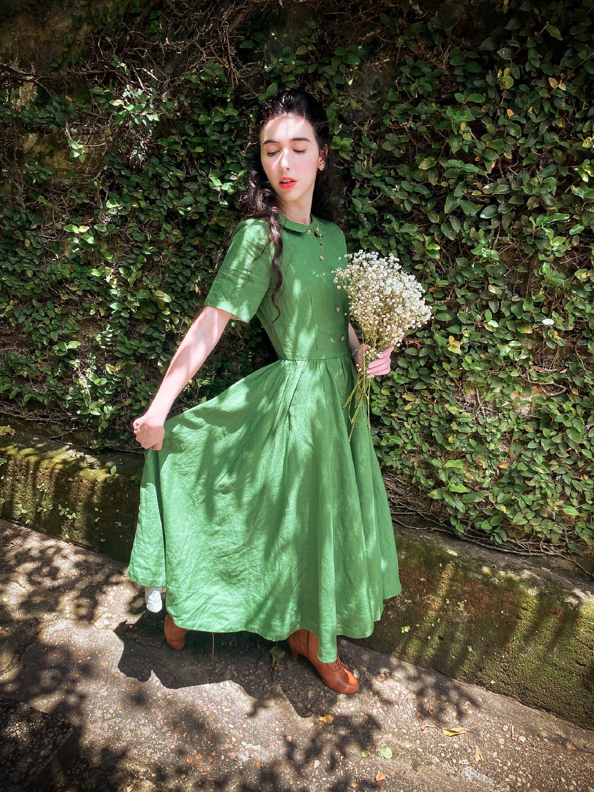 CIRCLE SKIRT DRESS Green Linen Dress Fairycore Dress - Etsy Polska