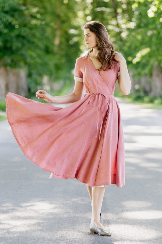 PINK WRAP DRESS Summer Linen Dress 