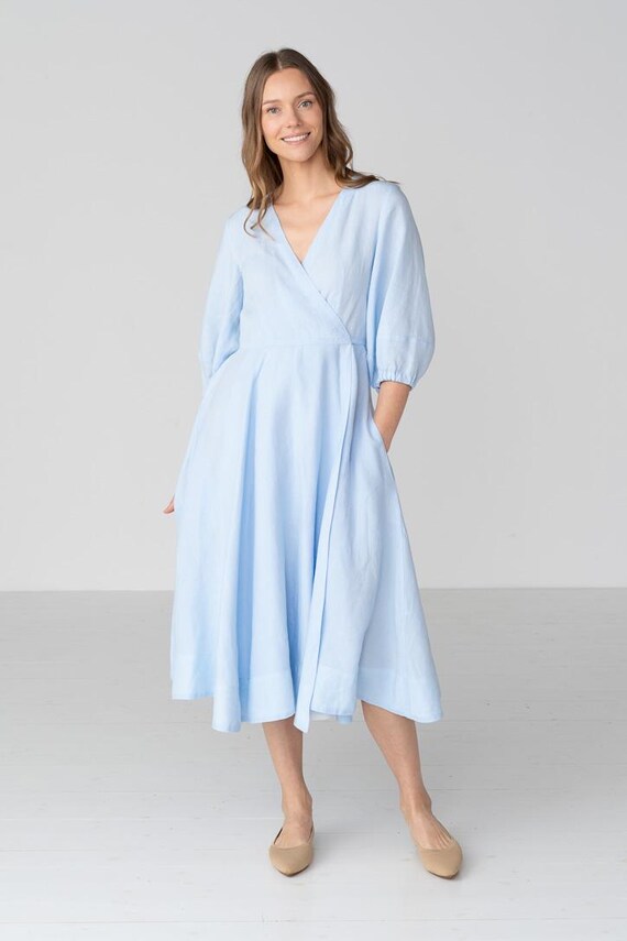 Gaia - Linen Wrap Dress, Skye Blue - Etsy