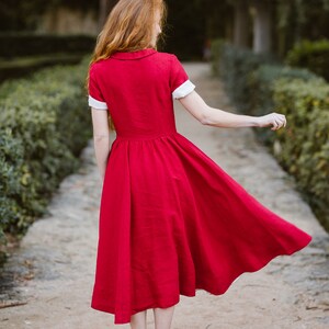 DRESS WITH POCKETS Linen Maxi Dress, Christmas Dress, Short Sleeves, Mid Century Modern, 50 Style, Classic Red, Sondeflor image 4