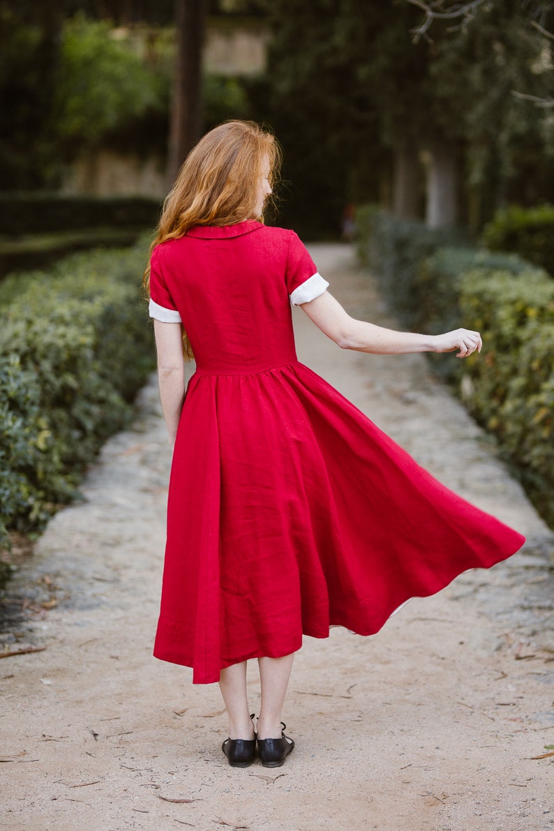 DRESS WITH POCKETS Linen Maxi Dress, Christmas Dress, Short Sleeves, Mid Century Modern, 50 Style, Classic Red, Sondeflor image 4