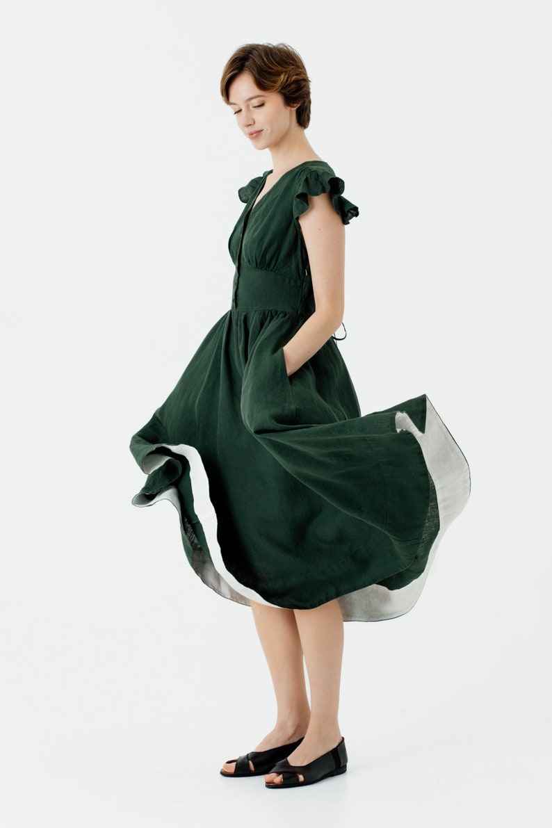 GREEN LINEN DRESS | Mid Century Modern, Modern 50s Dress, Ruffle Sleeve Dress, Spring Linen Dress, Diane Dress, Summer Dress, Son De Flor
