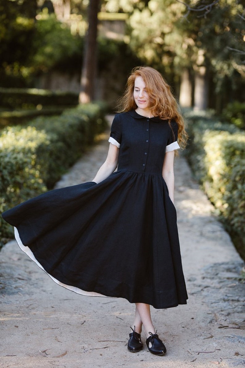 BLACK LINEN DRESS Mid Century Modern, Women Maxi Dress, Vintage Style Dress, Whimsigoth Dress, Linen Shirt Dress, Short Sleeve, Sondeflor image 4