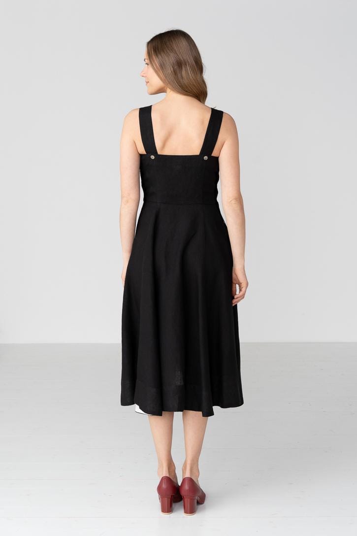 Pinafore Sleeveless Linen Midi Dress, Black Pansy / XS Pinafore Sleeveless Linen Midi Dress, Black Pansy / XS