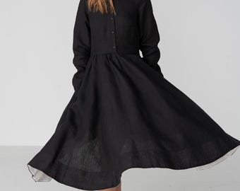 chinese dress ladies White Peter Pan Collar Long Sleeve Fake Two Piece Little Black Dress, White / M