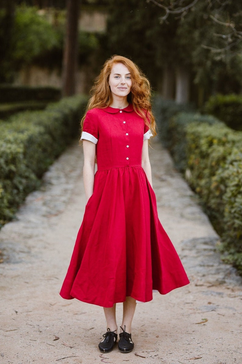 DRESS WITH POCKETS Linen Maxi Dress, Christmas Dress, Short Sleeves, Mid Century Modern, 50 Style, Classic Red, Sondeflor image 1