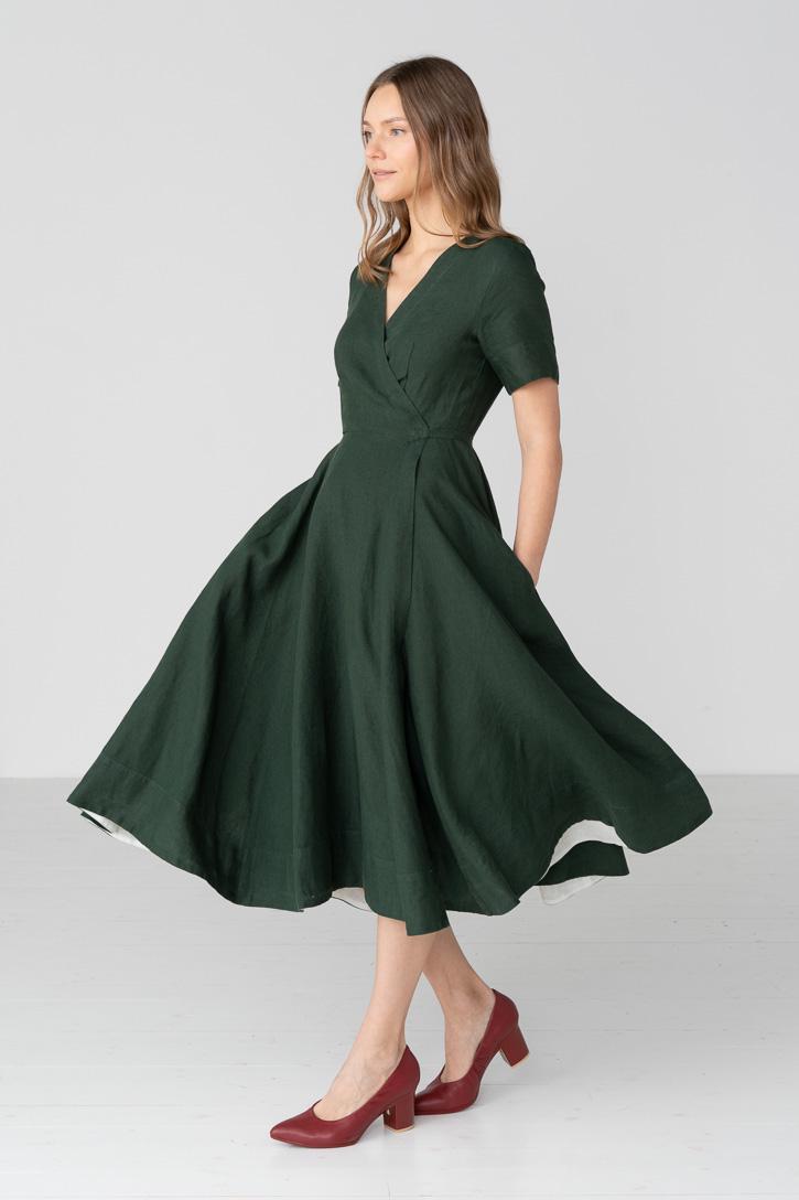 green emerald velvet dress Silk Billowy Sleeve Midi Wrap Dress