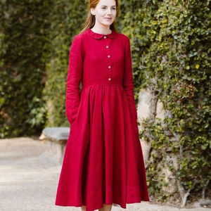 RED LINEN DRESS Mid Century Modern Dress, Cottagecore Dress, Linen Clothing, Victorian Dress, Long Sleeve Dress, Sondeflor Dress image 4