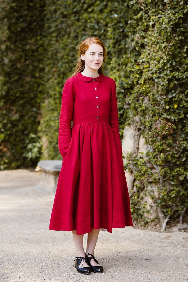 RED LINEN DRESS Mid Century Modern Dress, Cottagecore Dress, Linen Clothing, Victorian Dress, Long Sleeve Dress, Sondeflor Dress image 4