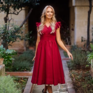 WEDDING GUEST DRESS | Midi Linen Dress, Mother Of The Bride Dress, Linen Clothing, Chateaucore Dress With Ruffle Sleeve, Diane Dress