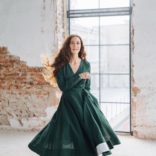 GREEN WRAP DRESS Linen Midi Dress Mid Century Modern Dress - Etsy