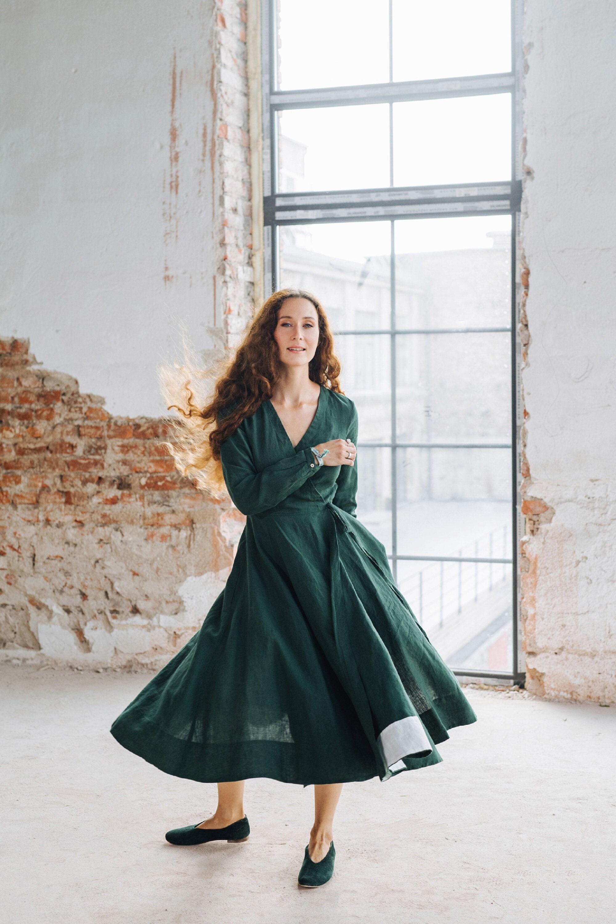 green flowy dress