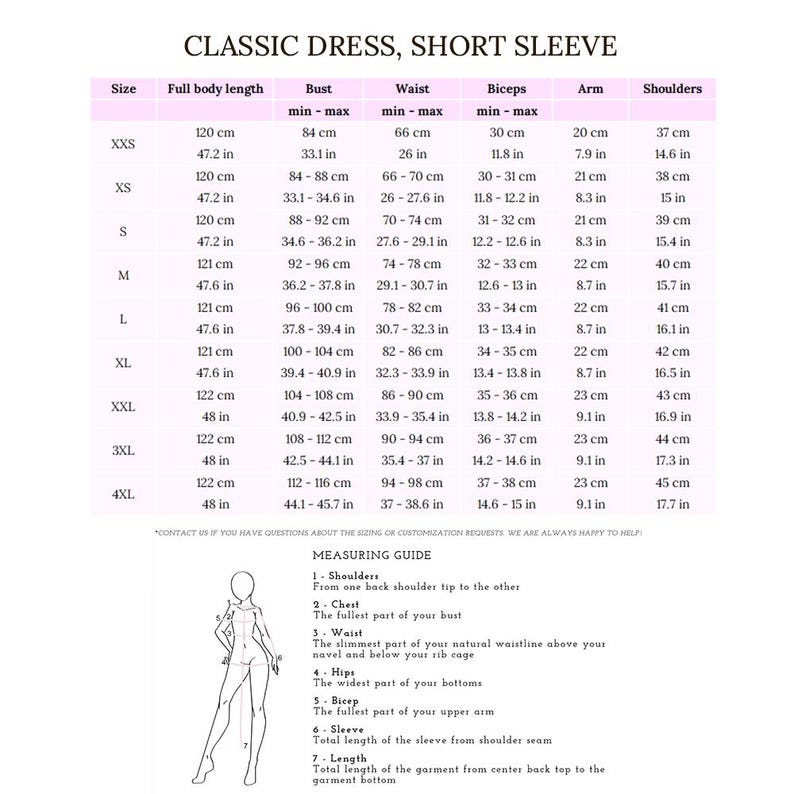 Pode incluir: Uma tabela de tamanhos para um vestido cl&aacute;ssico de manga curta com medidas em polegadas e cent&iacute;metros. A tabela inclui os tamanhos XXS a 4XL e lista as medidas para o comprimento total do corpo, o busto, a cintura, os b&iacute;ceps, o bra&ccedil;o e os ombros.