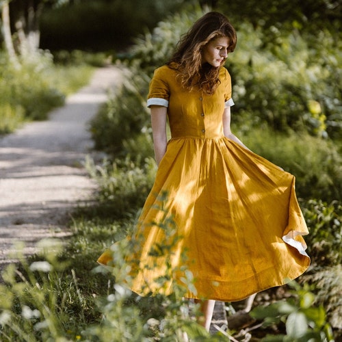 YELLOW MODEST DRESS Linen Dresses for Women Linen Clothing - Etsy