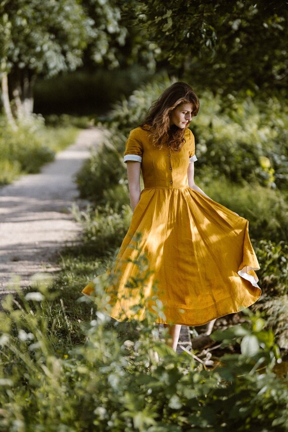 YELLOW MODEST DRESS Linen Dresses for Women Linen Clothing - Etsy Singapore