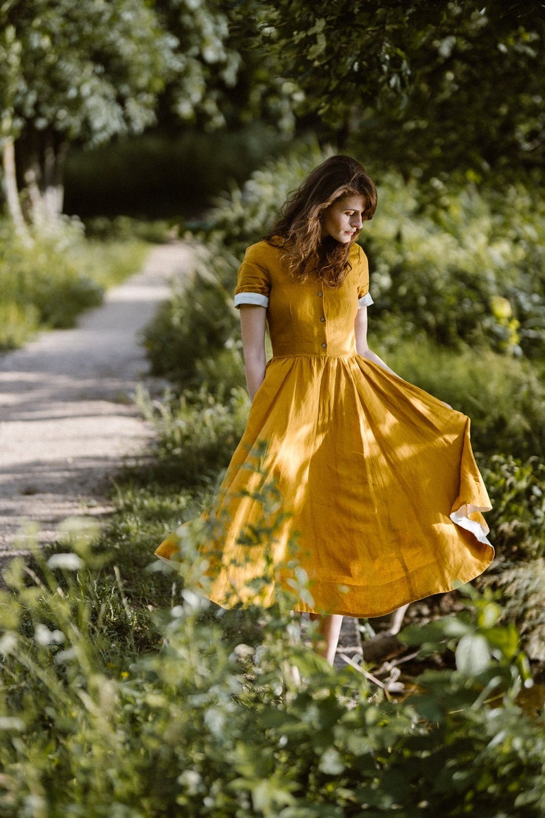 MUSTARD YELLOW DRESS | Linen Dresses For Women, Vintage Midi Dress, Retro Dress, Mid Century Modern, Classic, Son de flor 