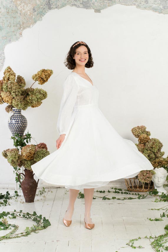 Linen Bridal DRESS | White Wedding Ceremony Dress, Simple Linen Wedding Dress, Bridal After Party Dress, Elopement Dress,Long Sleeve,Bridget