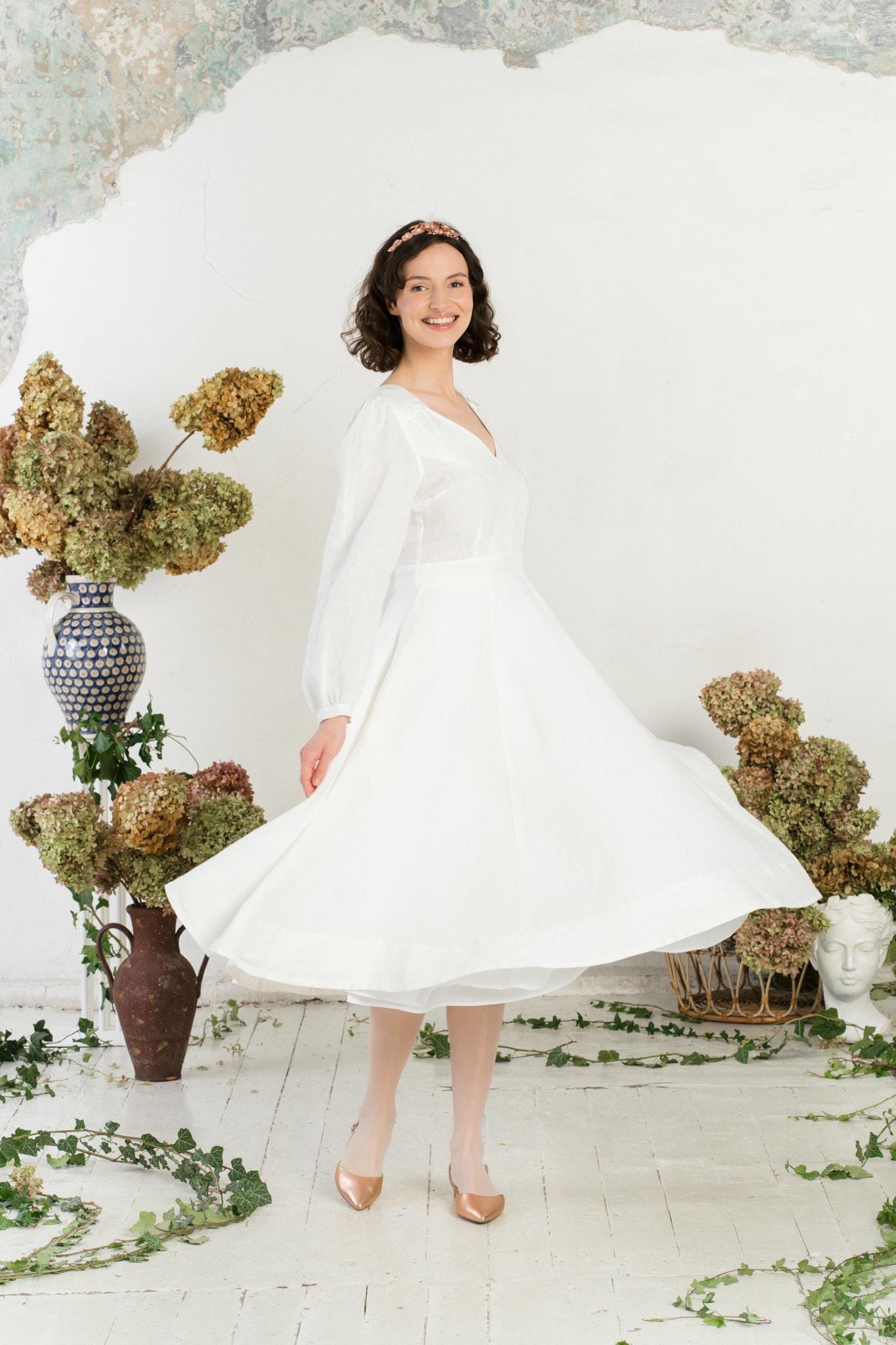 linen white wedding dress Linen wedding dress Crystal