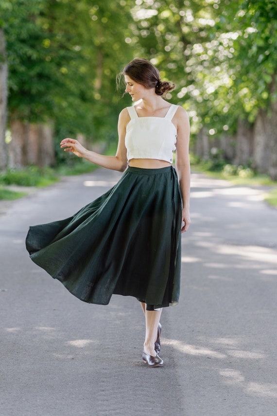 LINEN WRAP SKIRT | Dark Green Skirt, Midi Circle Skirt, Walking Skirt,  Linen Clothing, Bridesmaid Skirt, Mid Century Modern, Son de Flor