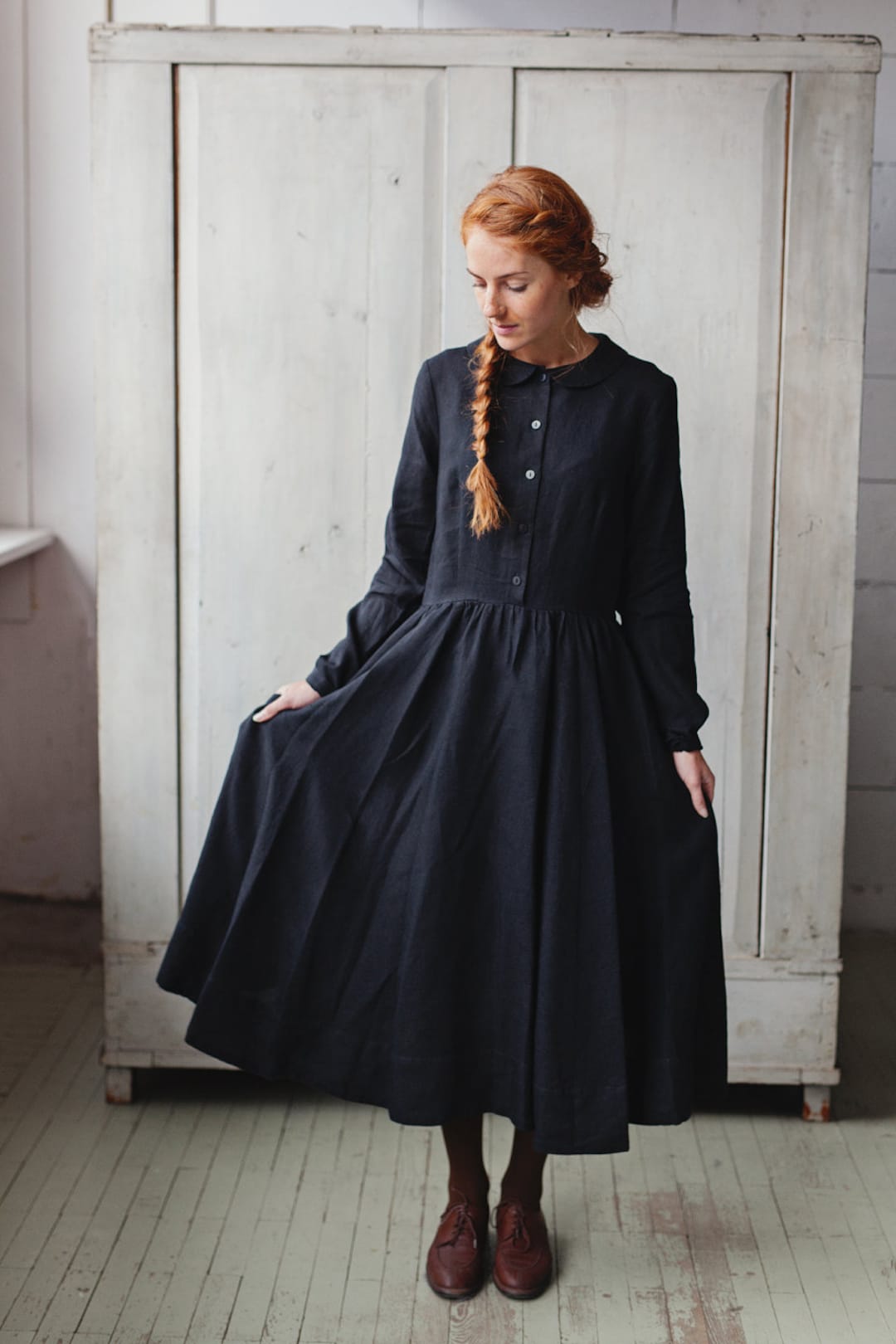 VINTAGE STYLE DRESS | Black Linen Dress, Edwardian Style