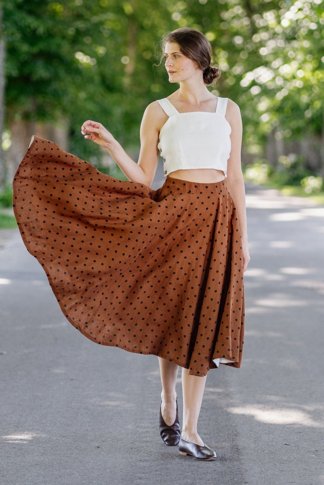 POLKA DOT SKIRT Linen Skirt Brown Skirt Summer Clothing Etsy