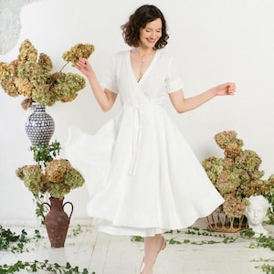 LINEN WRAP DRESS | Cottagecore Dress, Prairie Dress, Modest Dress, Wedding Dress, Minimalist Linen Dress, Mid Century Modern, White Magnolia