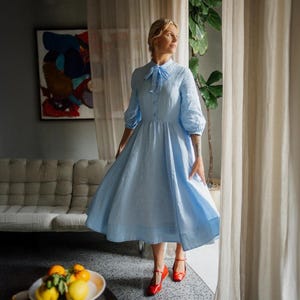 BLUE LINEN DRESS | Wedding Guest Dress, Sky Blue Linen Dresses, Womens Clothing, Summer Style, Dress with a Bow, Full Skirt Dress, Baby Blue