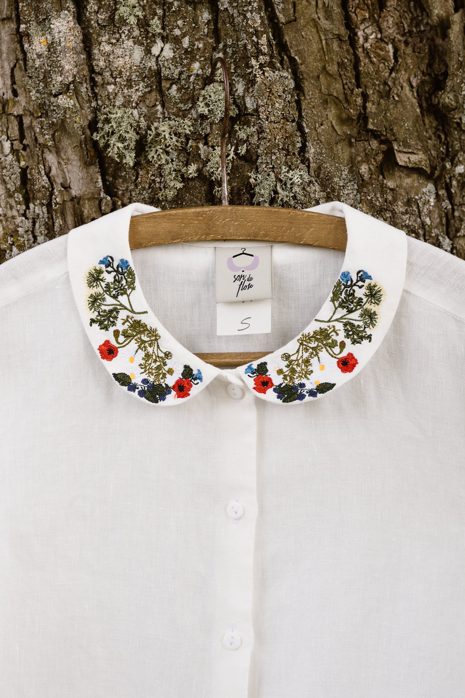 FLOWER EMBROIDERY SHIRT Embroidered Collar Linen Top Long Etsy