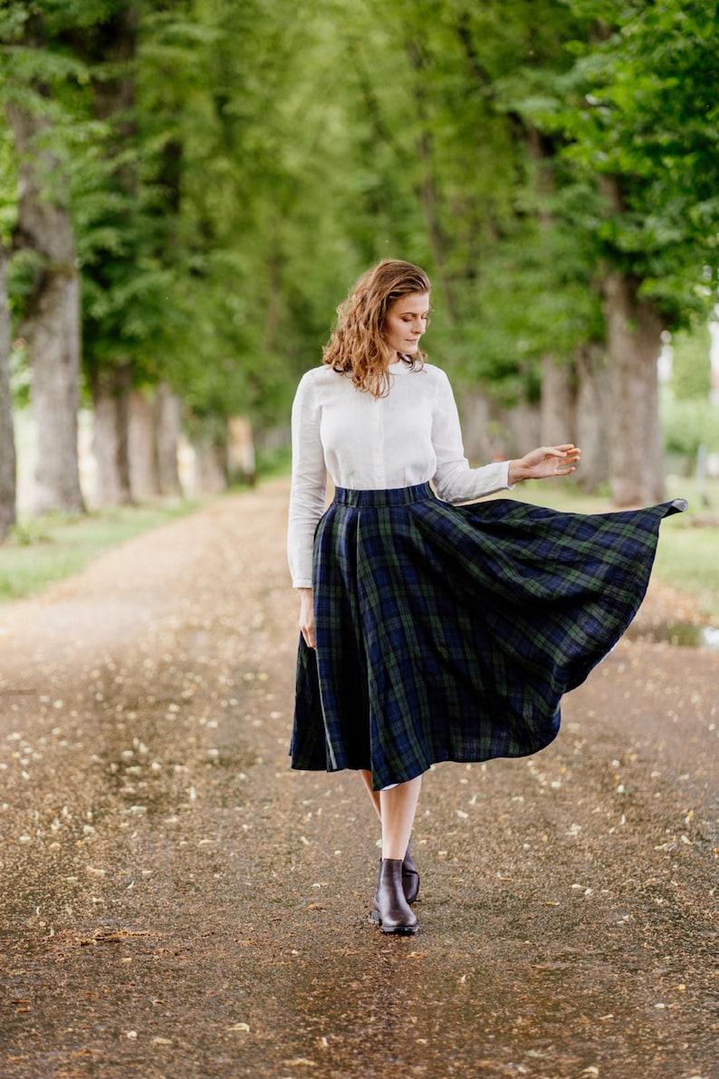 Plaid Green Skirt - 60s Plaid Skirt - Plaid Vintage Skirt - Retro Midi Fall Skirt - Blue and Green Tartan Fabric -Classic Skirt