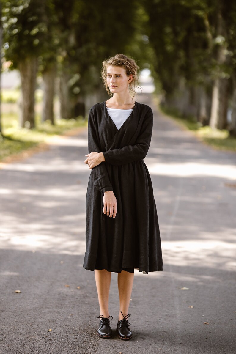 Flax Clothing Wrap dress Black Black Linen Dress Plus Size Linen Dress Wrap Dress Linen Kimono Dress Linen Dress Linen Clothing