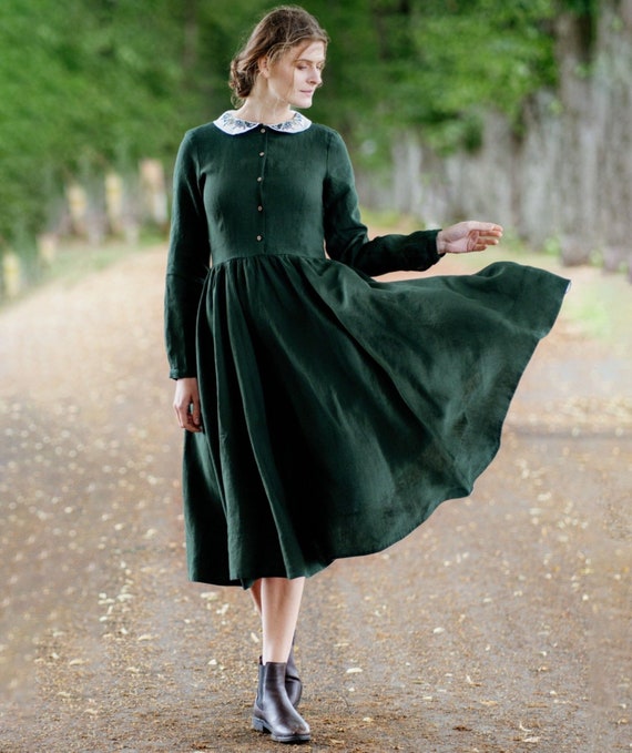 VESTIDO DE LINO BORDADO / Vestido clásico, Vestidos verde esmeralda,  Vestido verde elegante, Vestidos de otoño modestos, Vestido de pradera,  Vestido de otoño -  México