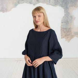 LINEN NURSING DRESS | Maternity 2025 by SondeflorShop® | New Mom Gift, Navy Pregnancy Dress With 3/4 Sleeve, Breastfeeding Dress, Smock Gaia