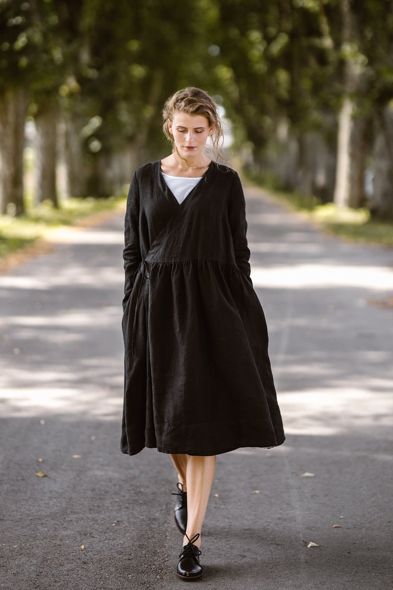 Flax Clothing Wrap dress Black Black Linen Dress Plus Size Linen Dress Wrap Dress Linen Kimono Dress Linen Dress Linen Clothing