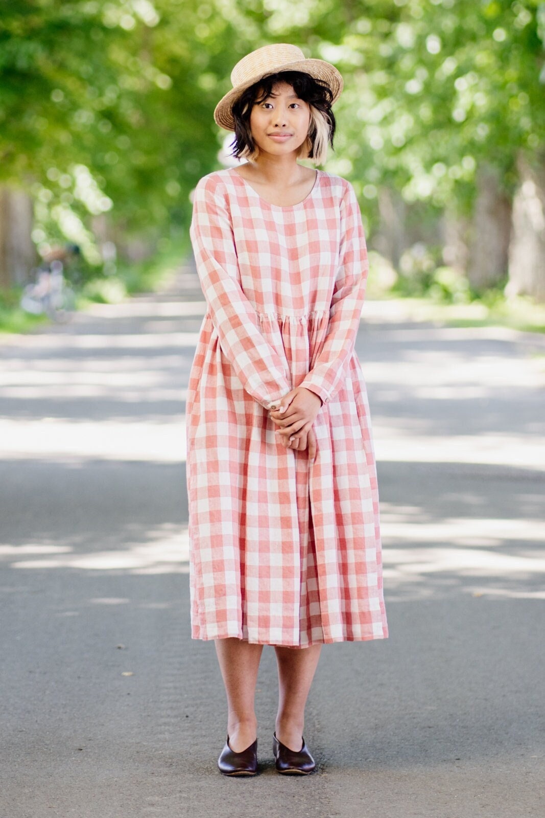 PINK CHECKERED DRESS Linen Smock Dress 
