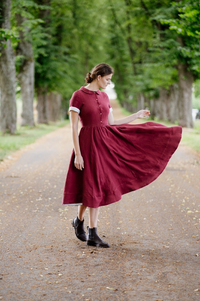 TWIRL DRESS | Dark Red Dress, Linen Dresses For Women, Wedding Guest Dress, Semi Formal Dresses, Retro Clothes, Sondeflor 