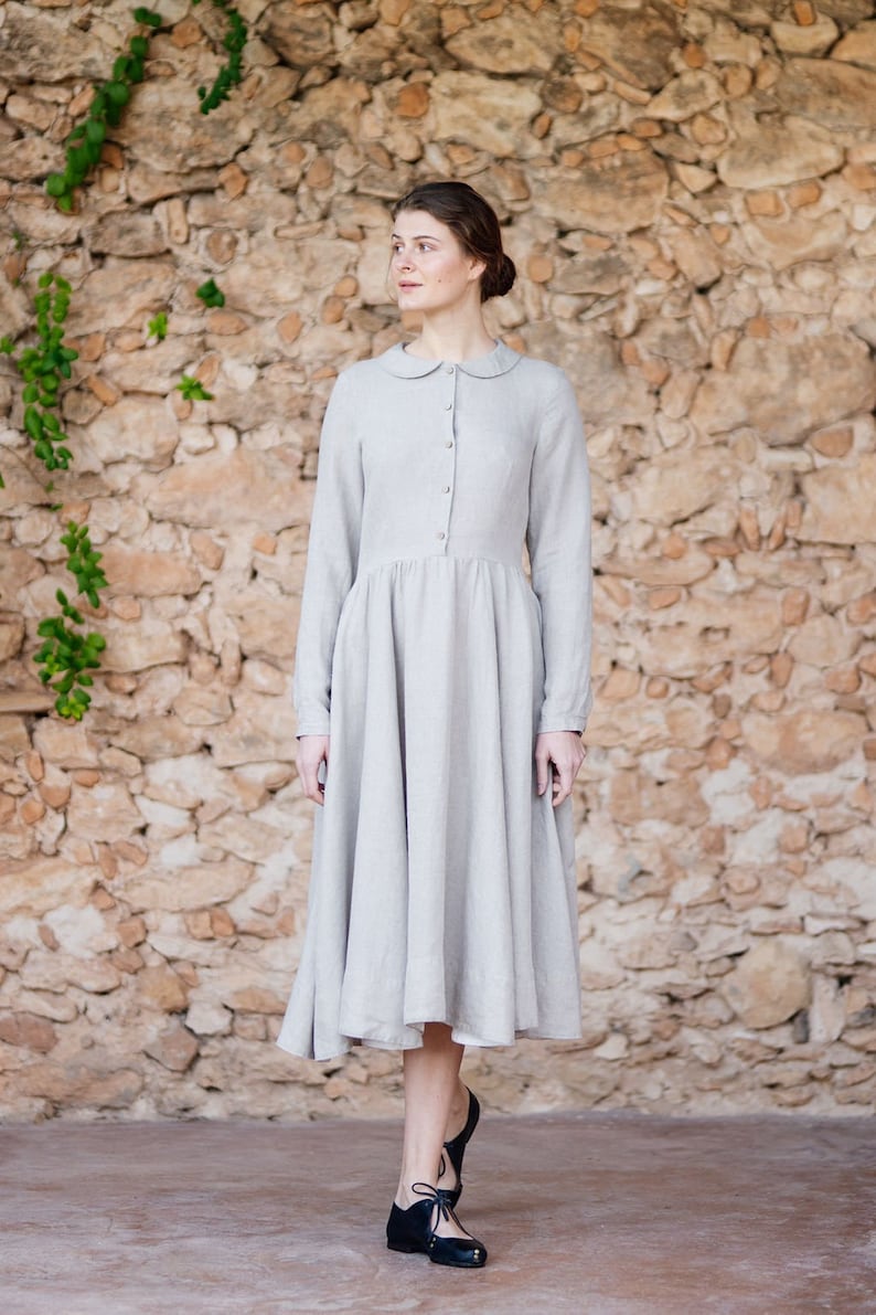 1950 LINEN DRESS | Vintage Formal Dress, Peter Pan Collar Dress, Long Sleeve Dress, Cottagecore Style Clothing | Son de Flor 