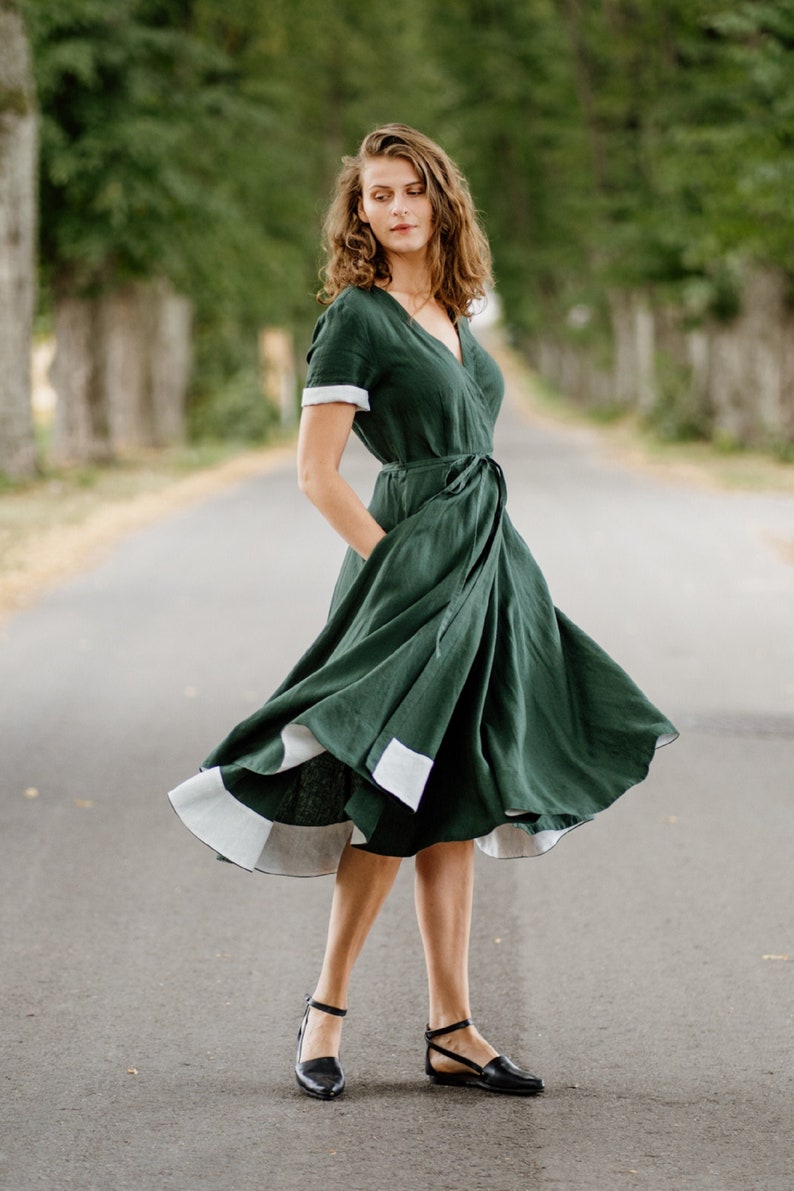 DARK GREEN DRESS | Minimalist Linen Dress Handmade, Maxi Kimono Wrap Dress, Forest Green Bridesmaid Dress, Short Sleeves 