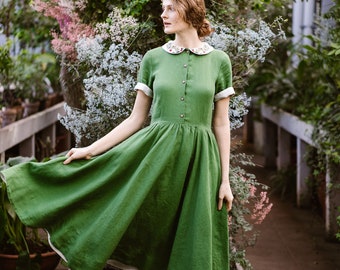 EMBROIDERED LINEN DRESS | Cottagecore Dress, Green Dress, Wedding Guest Dresses, Medieval Dress, Vintage 1950's Clothing, Garden Collar